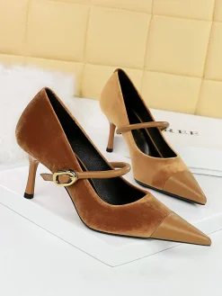 Elegant Velvet Paneled Adjustable Buckle Mary Jane Pumps