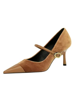 Elegant Velvet Paneled Adjustable Buckle Mary Jane Pumps