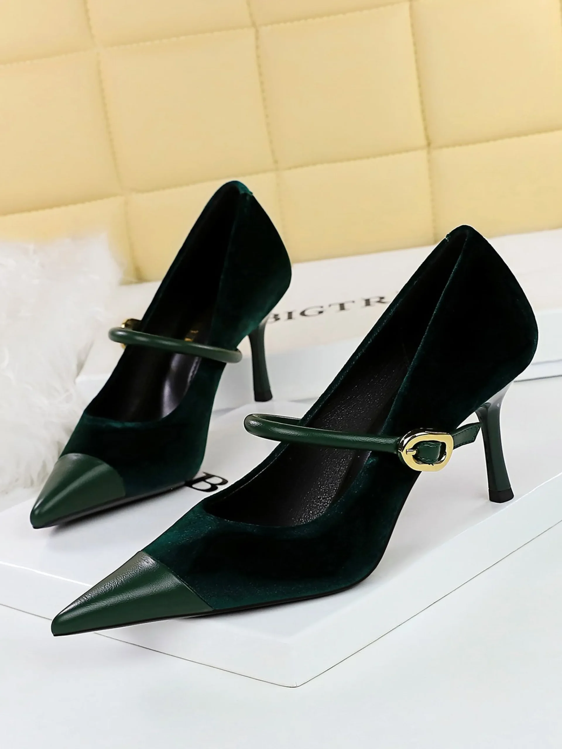 Elegant Velvet Paneled Adjustable Buckle Mary Jane Pumps