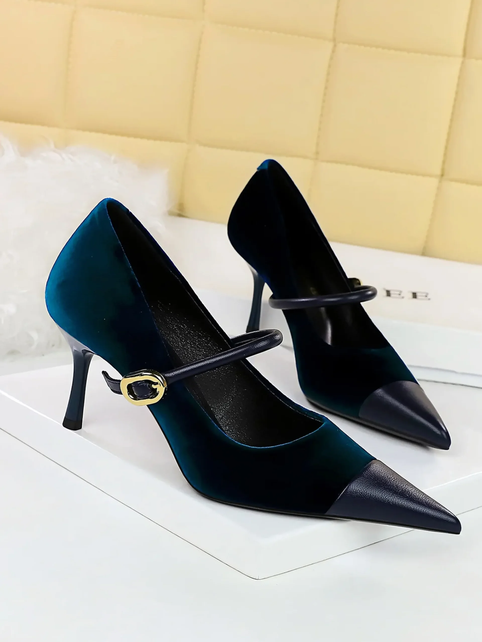 Elegant Velvet Paneled Adjustable Buckle Mary Jane Pumps