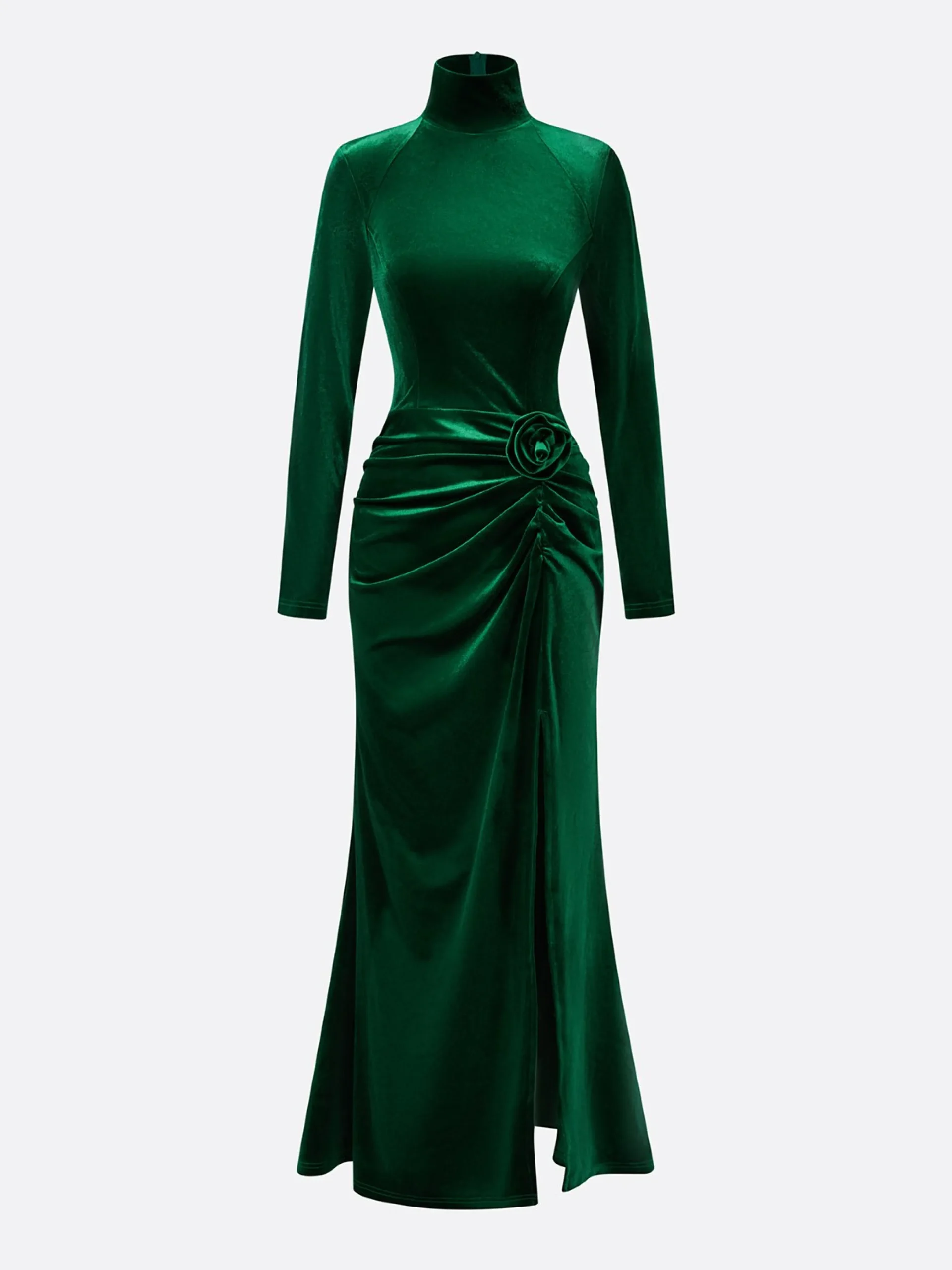 Elegant Velvet Stand Collar Maxi Gown with 3D Floral Appliqué