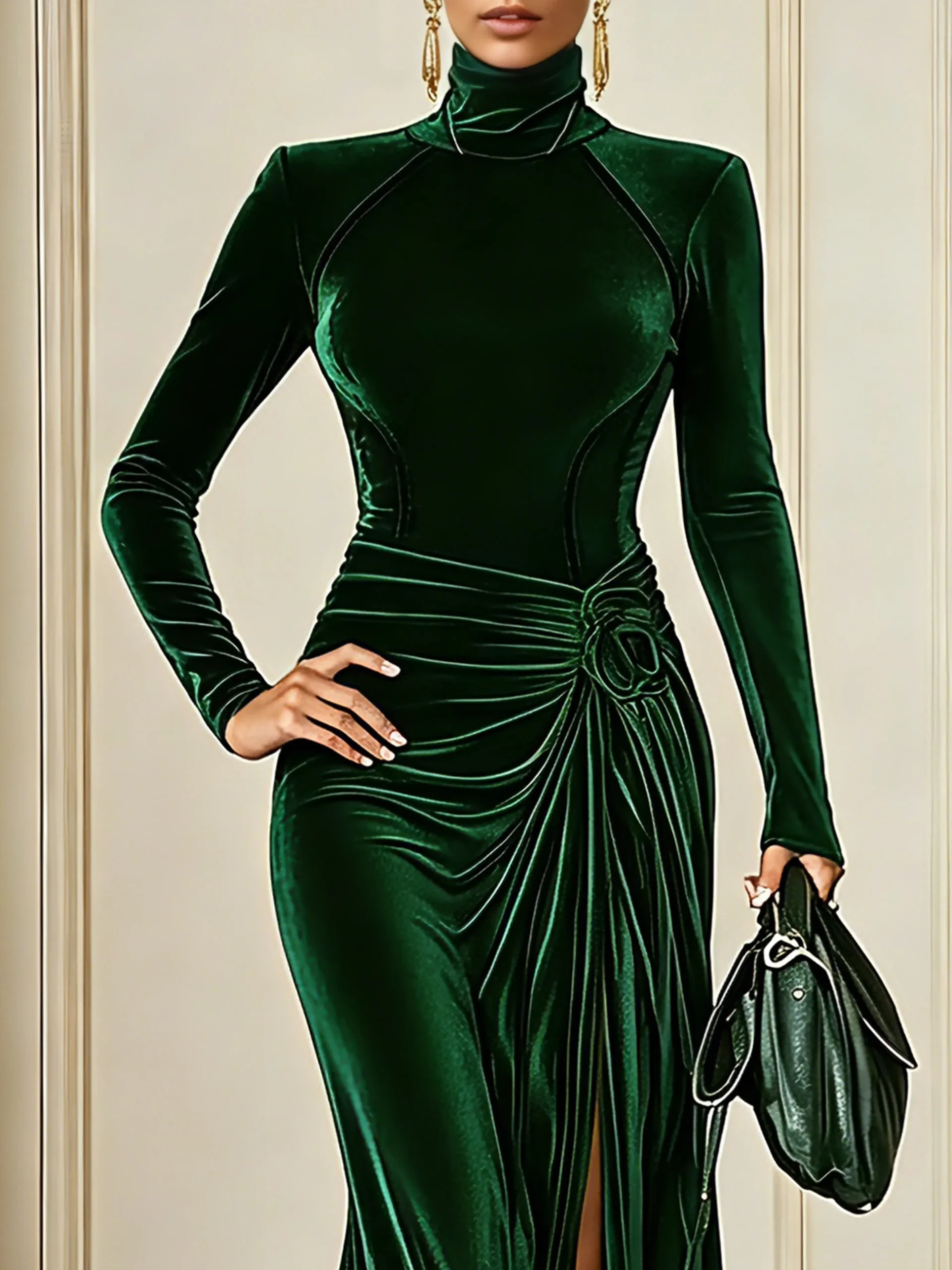 Elegant Velvet Stand Collar Maxi Gown with 3D Floral Appliqué