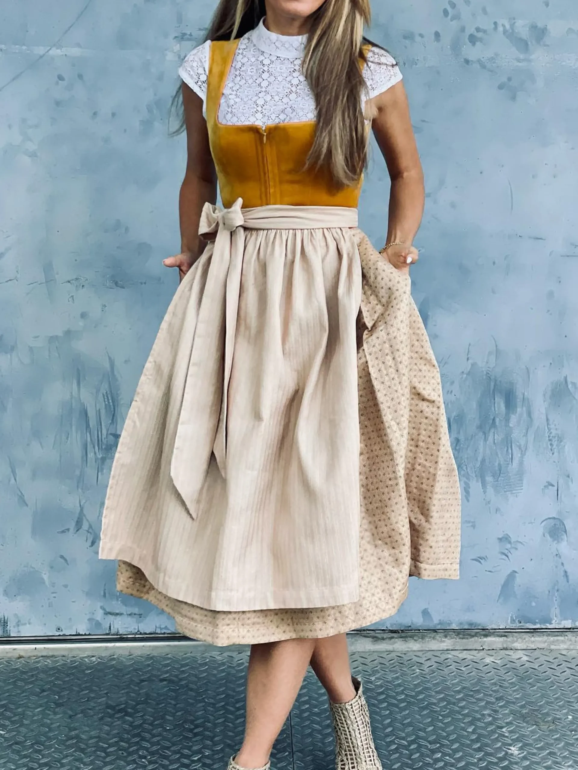 Elegant V Neck Velvet Cap Sleeve Dirndl Dress Three Piece