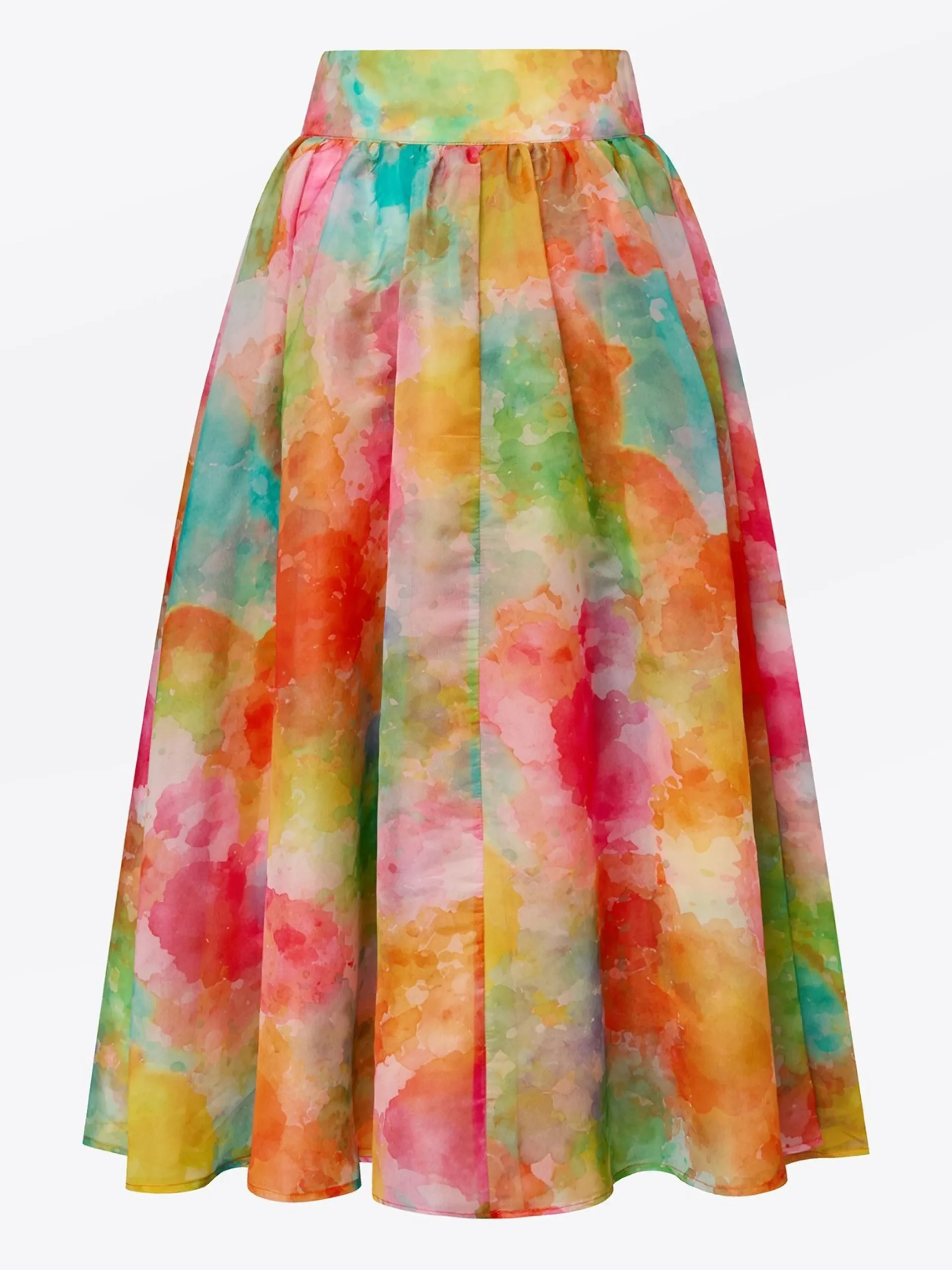 Elegant Watercolor Print Tulle Midi Skirt High Waisted with Pockets