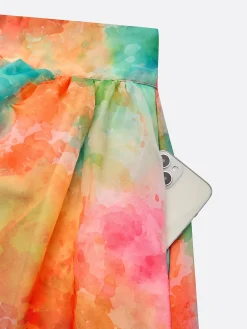 Elegant Watercolor Print Tulle Midi Skirt High Waisted with Pockets