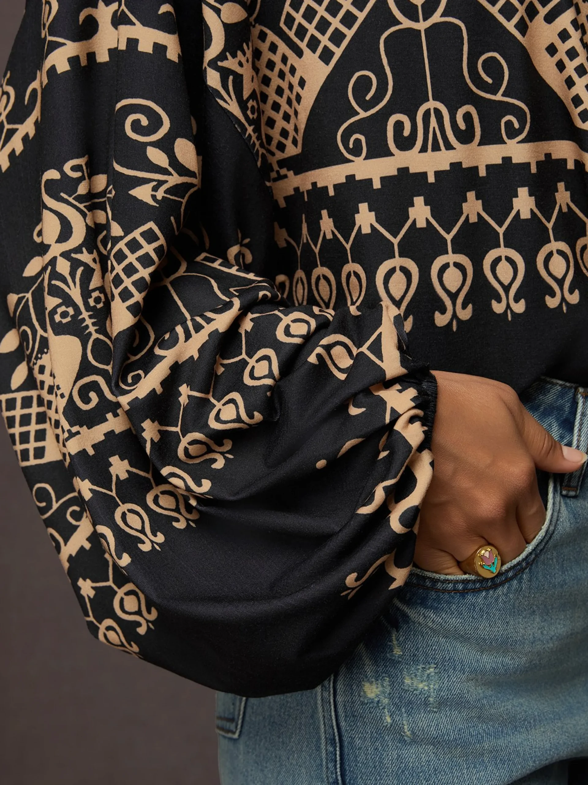 Ethnic Lantern Sleeve Cold Shoulder Loose T-Shirt
