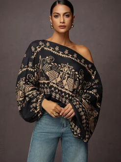 Ethnic Lantern Sleeve Cold Shoulder Loose T-Shirt