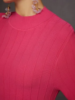 French Vintage Rose Pink Ribbed Knit Midi Dress