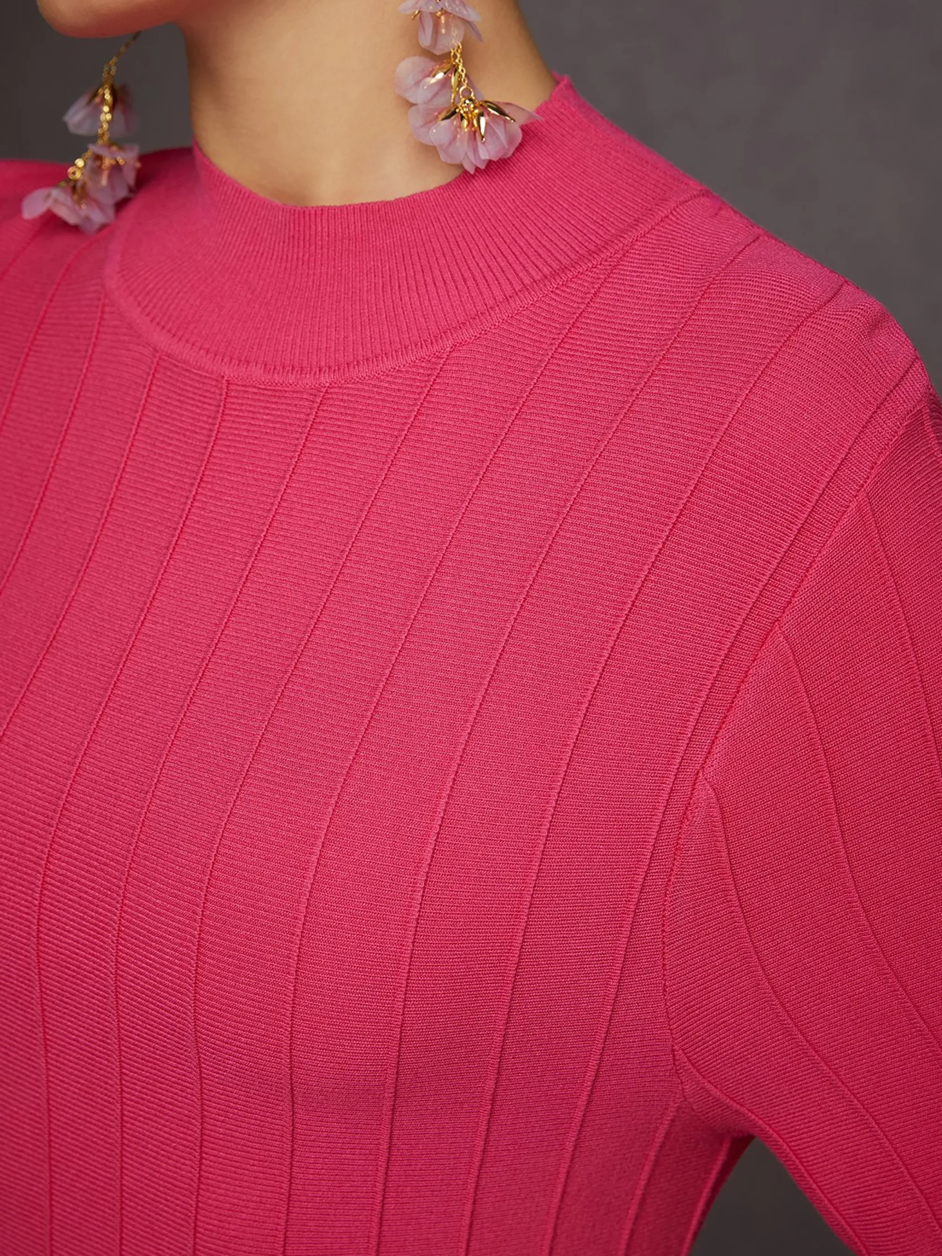 French Vintage Rose Pink Ribbed Knit Midi Dress