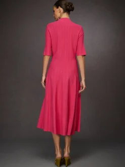 French Vintage Rose Pink Ribbed Knit Midi Dress