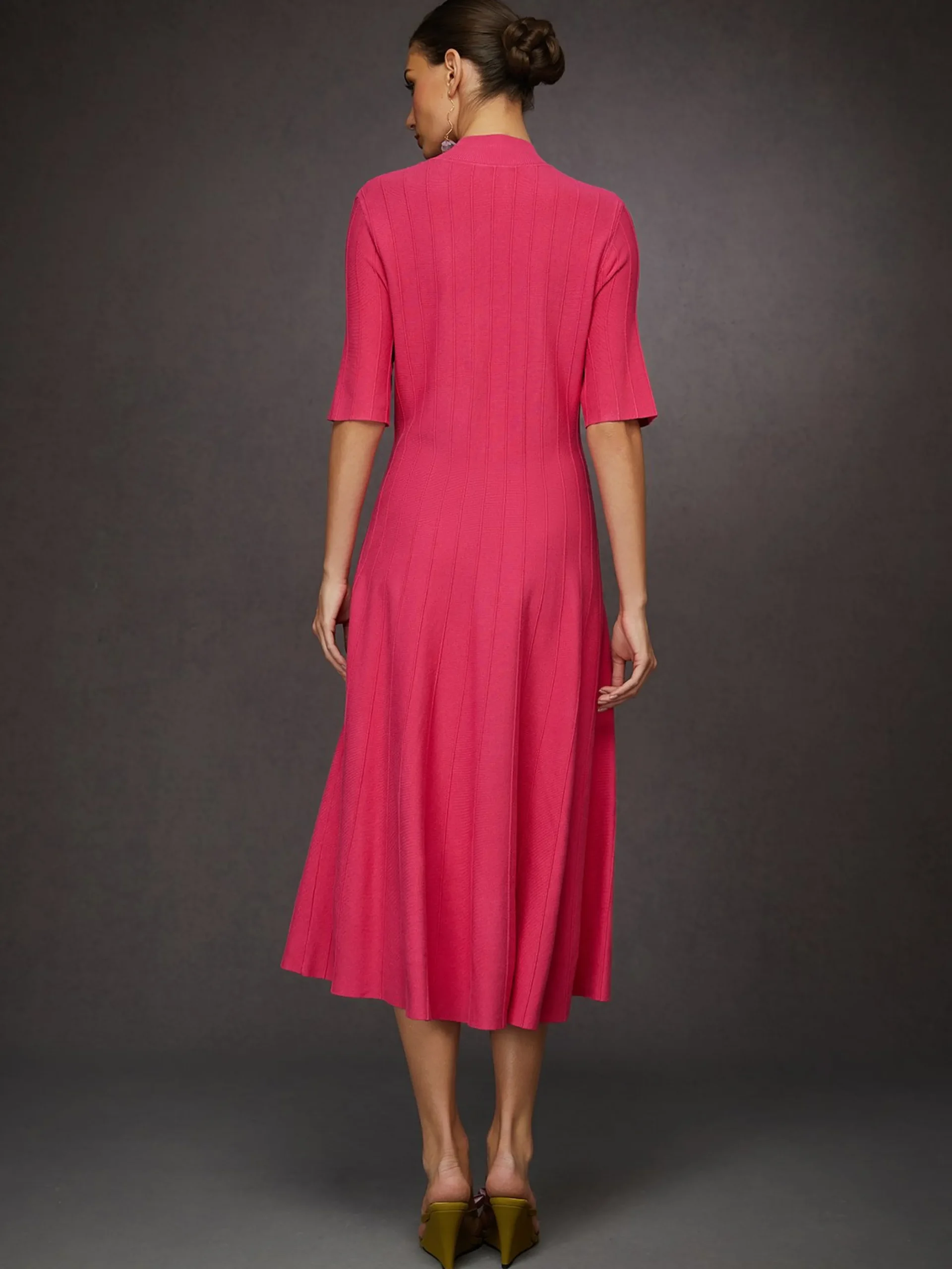 French Vintage Rose Pink Ribbed Knit Midi Dress