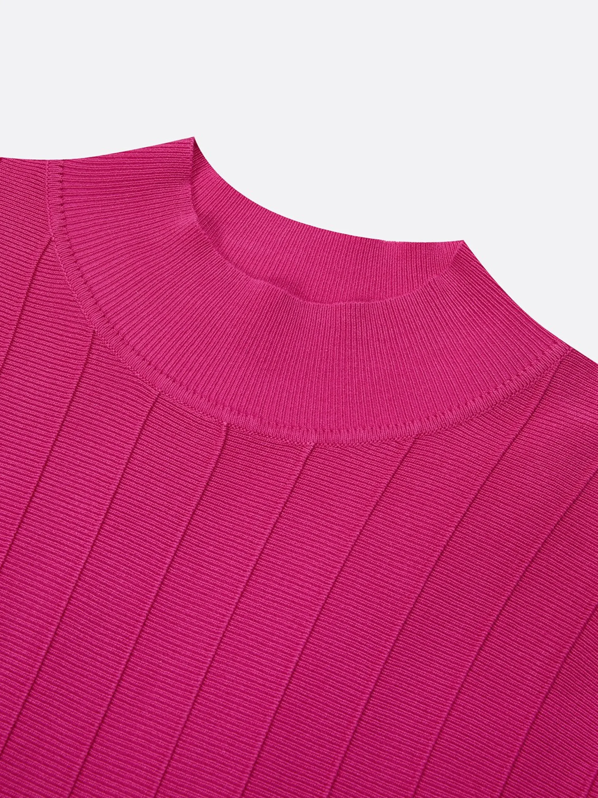 French Vintage Rose Pink Ribbed Knit Midi Dress