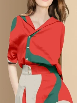 Half Sleeve Urban Shawl Collar Geometric Blouse