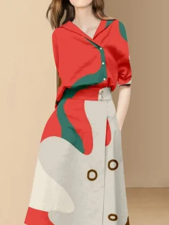 Half Sleeve Urban Shawl Collar Geometric Blouse