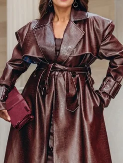 Lapel Collar Regular Sleeve Loose Urban Faux Leather Coat With Belt