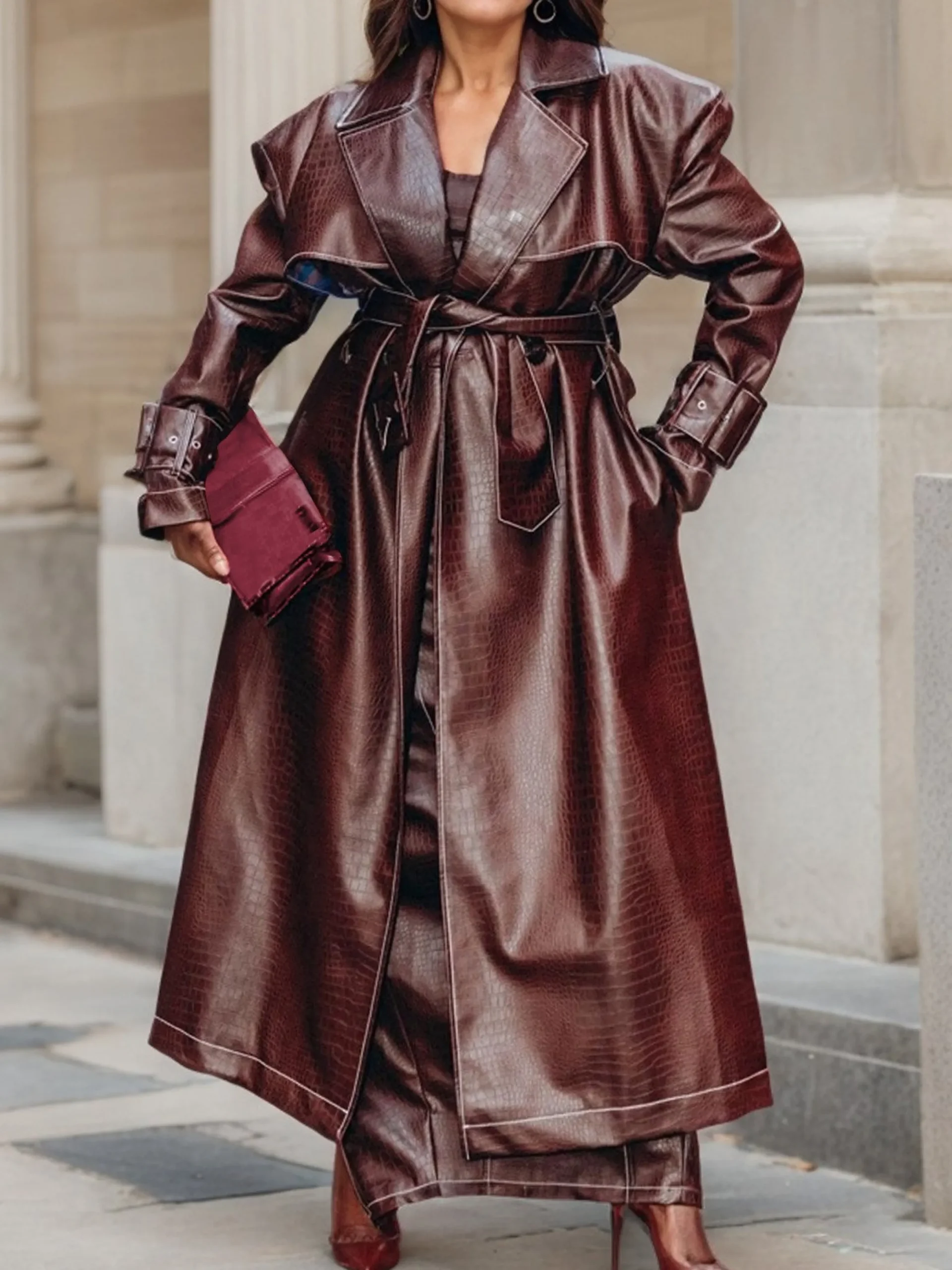 Lapel Collar Regular Sleeve Loose Urban Faux Leather Coat With Belt