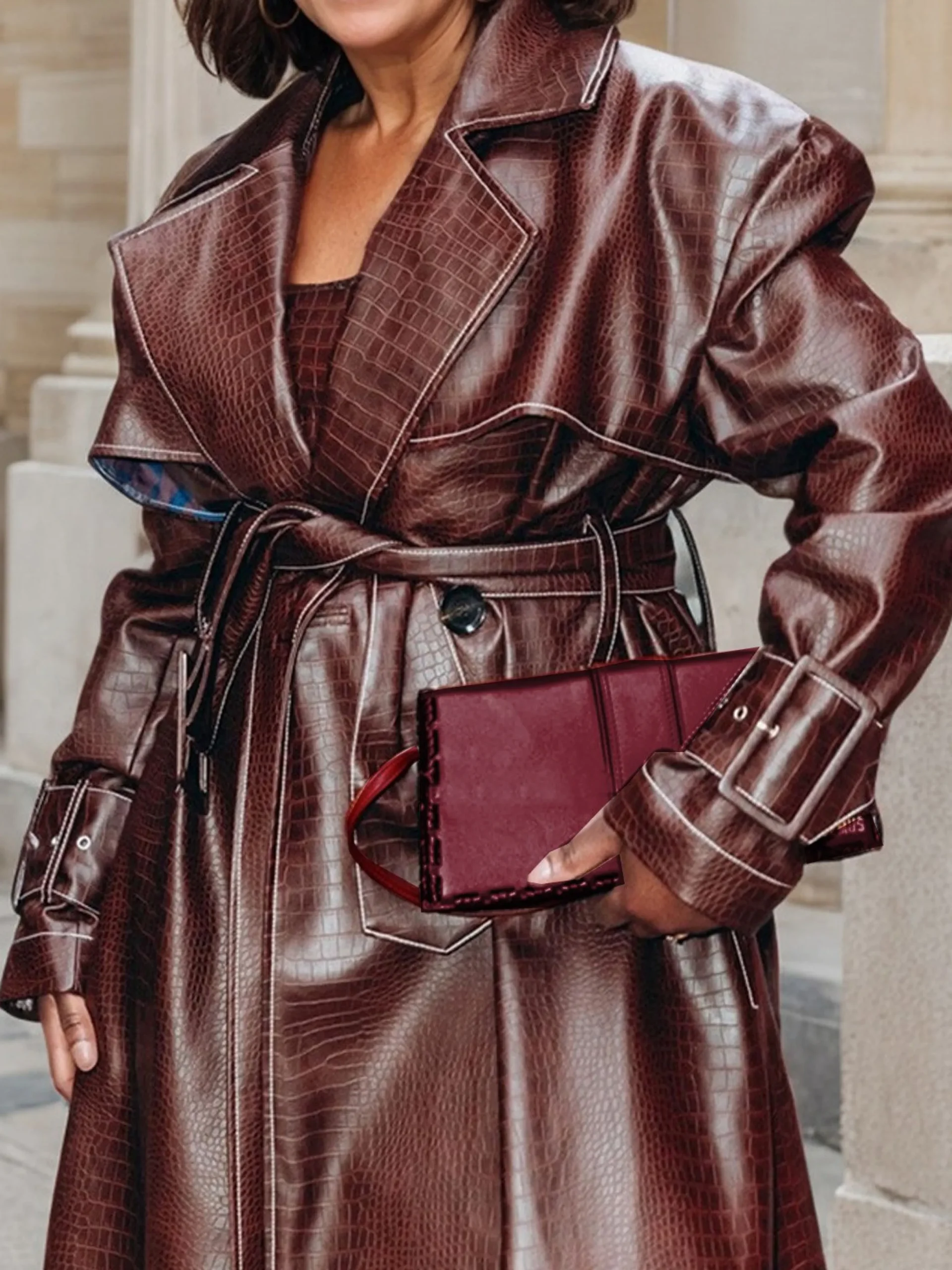 Lapel Collar Regular Sleeve Loose Urban Faux Leather Coat With Belt