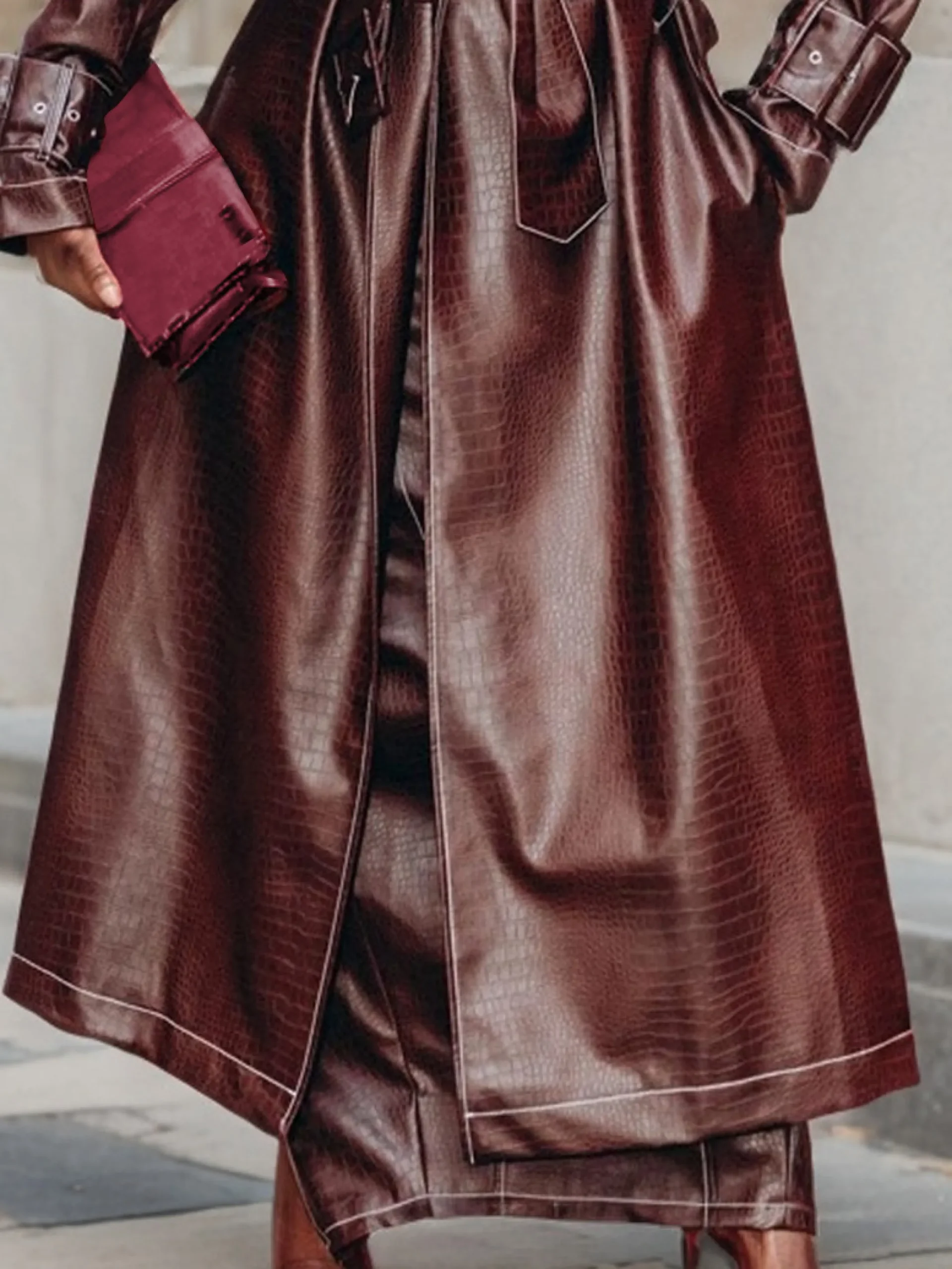 Lapel Collar Regular Sleeve Loose Urban Faux Leather Coat With Belt