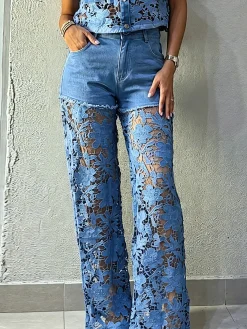 Loose Denim Urban Lace Distressing Plain Jeans