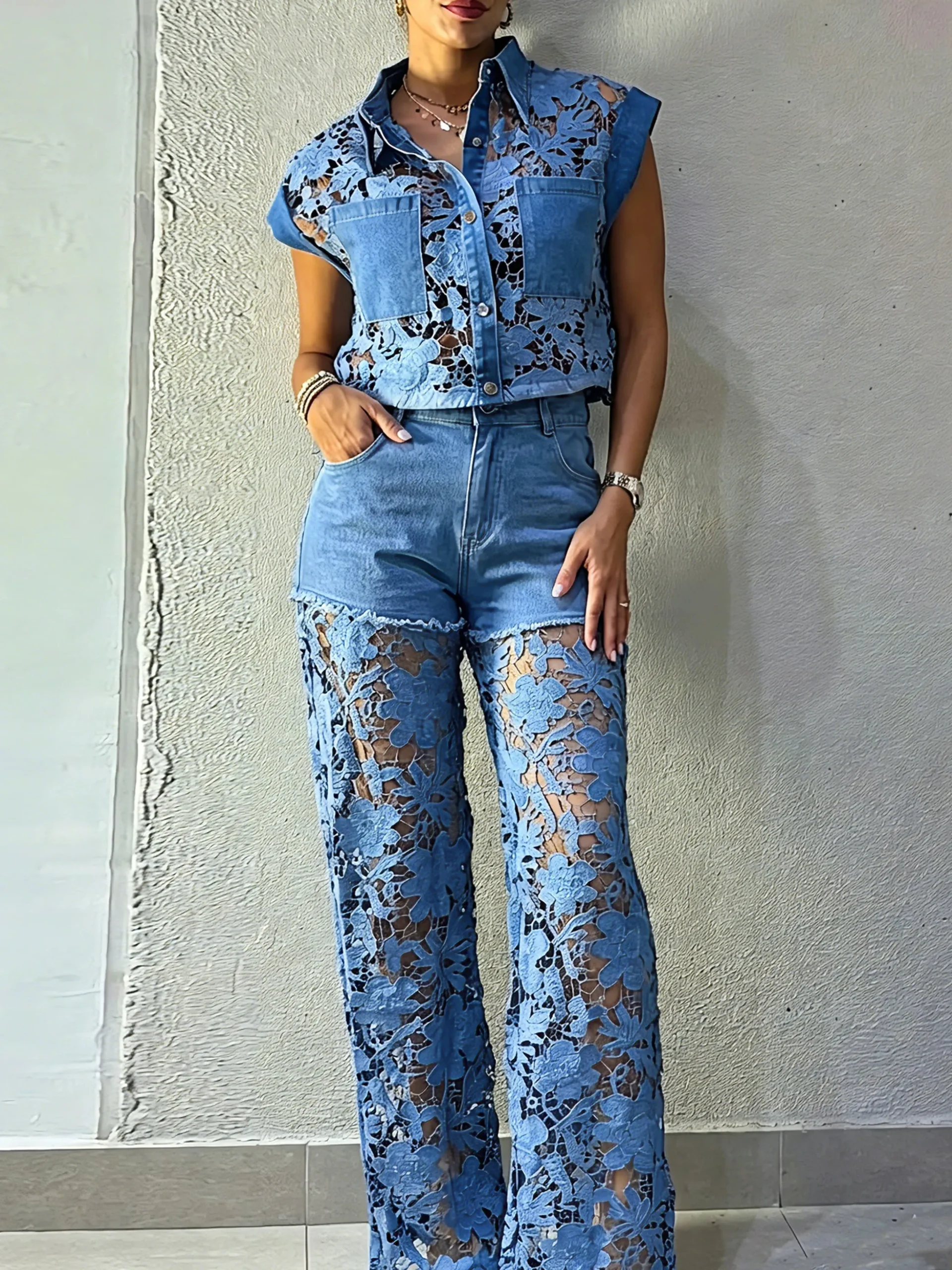 Loose Denim Urban Lace Distressing Plain Jeans