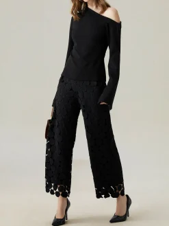 Loose Elegant Lace Plain Fashion Long Pants Straight pants