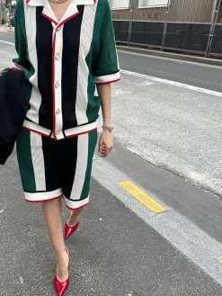 Loose Lapel Collar Color Block Urban Half Sleeve Blouse