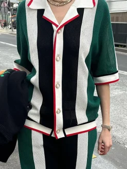 Loose Lapel Collar Color Block Urban Half Sleeve Blouse