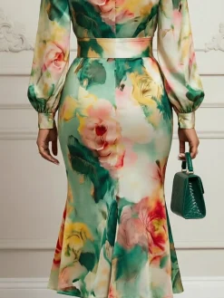Micro-Elasticity Regular Fit Elegant Floral Midi Skirt