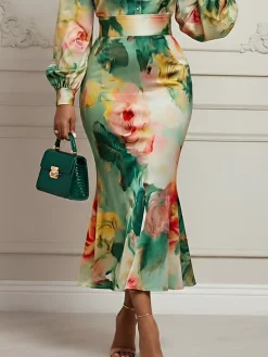 Micro-Elasticity Regular Fit Elegant Floral Midi Skirt