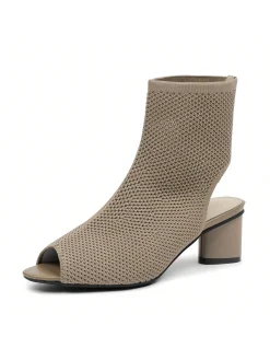 Minimalist Breathable Mesh Fabric Peep Toe Chunky Heel Boots