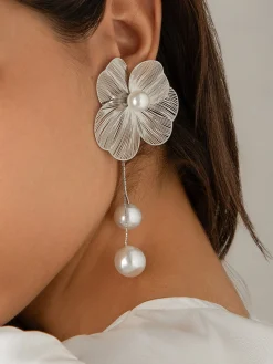 1pair Elegant Hollow Out Flower Imitation Pearl Tassel Earrings