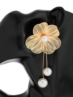 1pair Elegant Hollow Out Flower Imitation Pearl Tassel Earrings