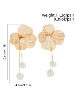1pair Elegant Hollow Out Flower Imitation Pearl Tassel Earrings