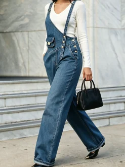 Plain Urban Irregular Craftsmanship Denim Bib Pants