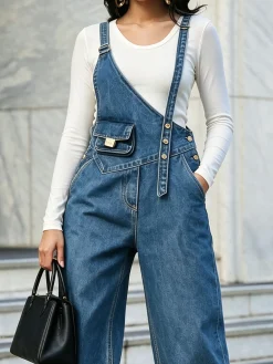 Plain Urban Irregular Craftsmanship Denim Bib Pants