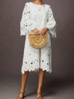Plain Vacation Crew Neck Three Quarter Loose Skirt Dress