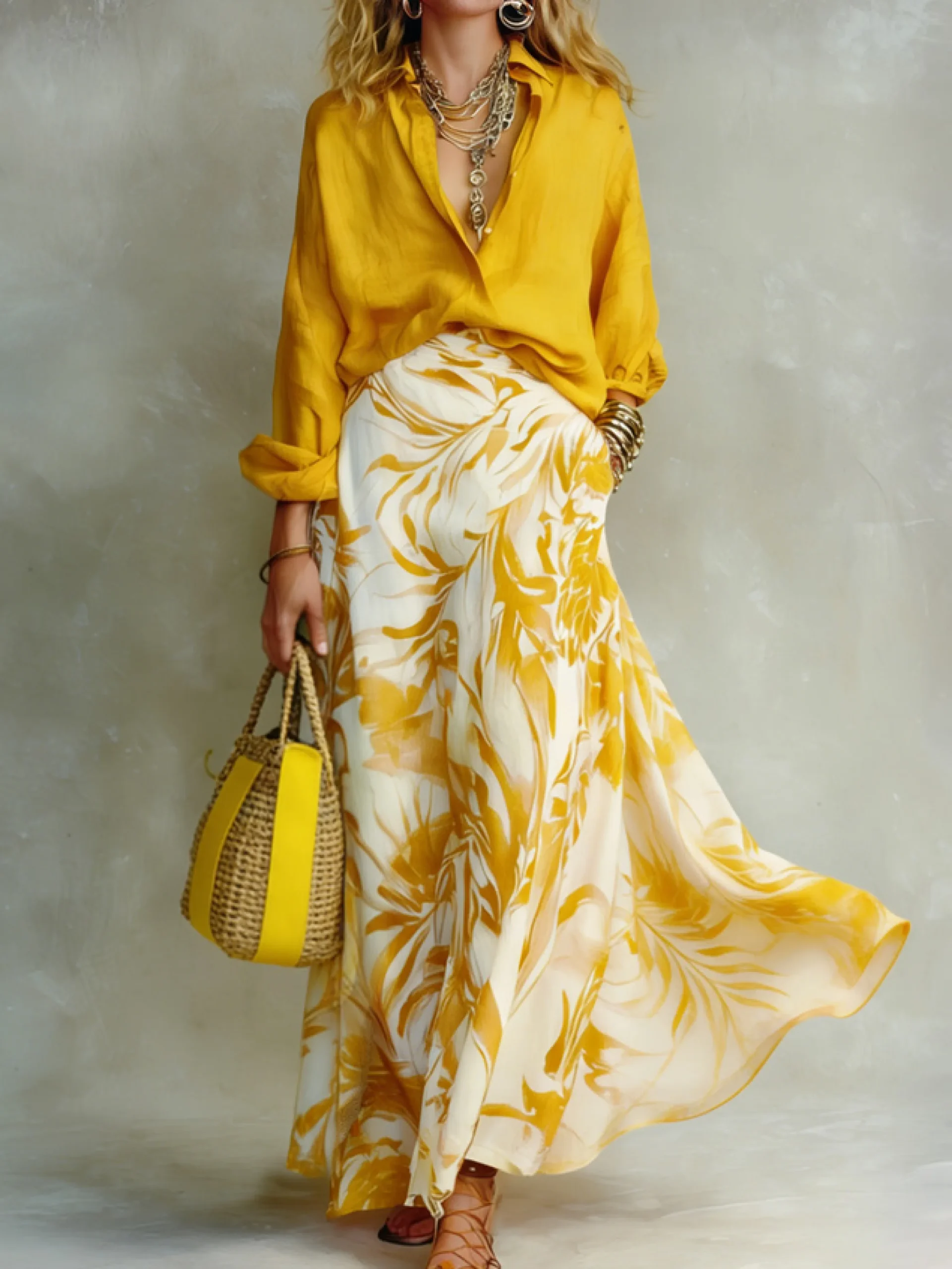 Plus Size Casual Printing Botanical Pattern Maxi Skirt