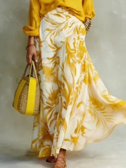 Plus Size Casual Printing Botanical Pattern Maxi Skirt