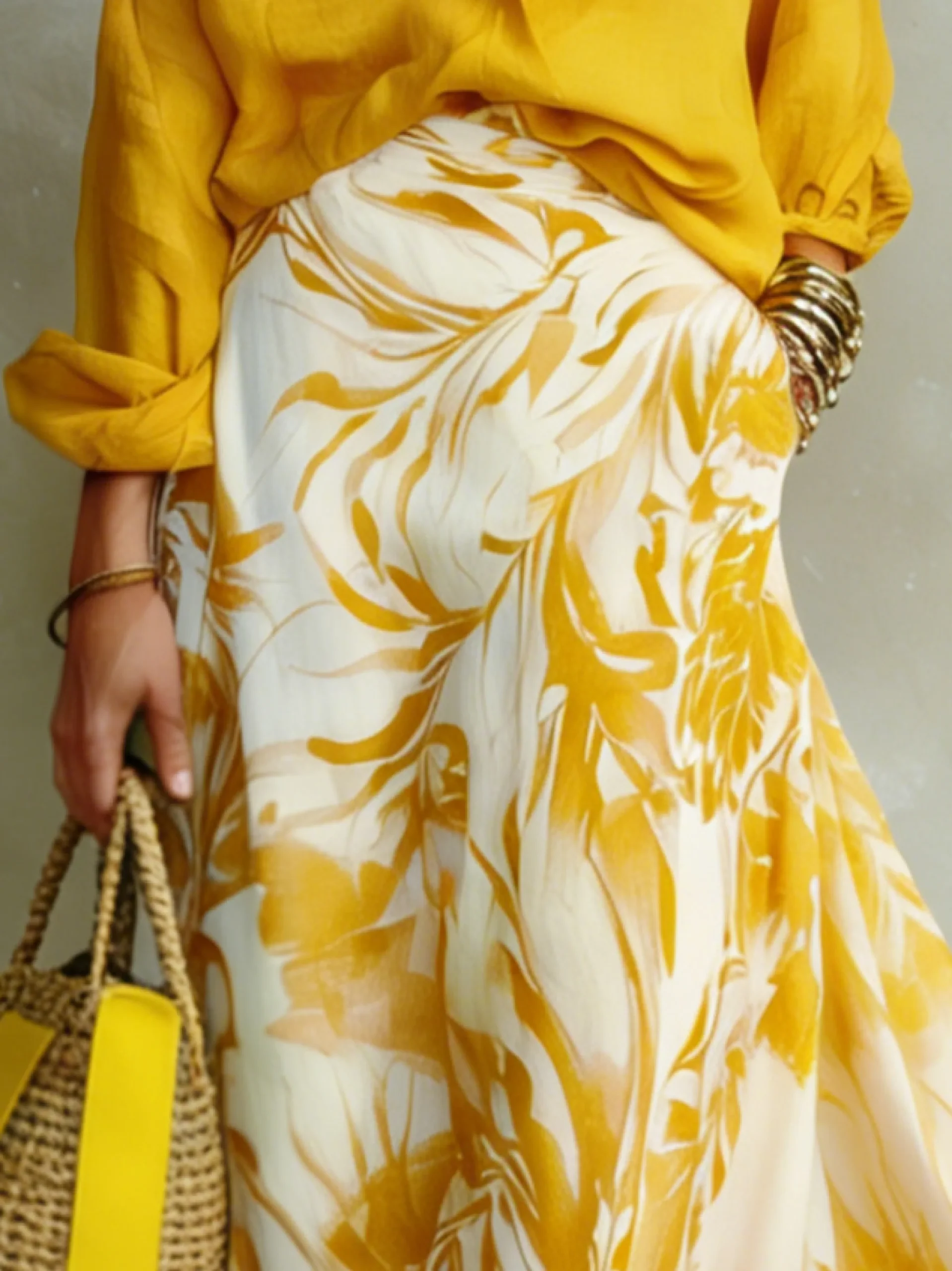Plus Size Casual Printing Botanical Pattern Maxi Skirt