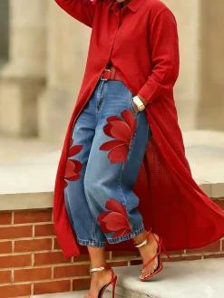 Plus Size Cotton Casual Plain Shawl Collar Shirt