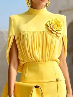 Plus Size Elegant Plain Ruched Stand Collar Blouse