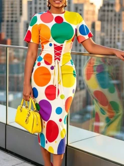 Plus Size Elegant Polka Dots Printing Crew Neck Midi Dress