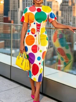 Plus Size Elegant Polka Dots Printing Crew Neck Midi Dress