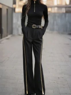 Plus Size Jersey Urban Plain Zipper Turtleneck T-shirt