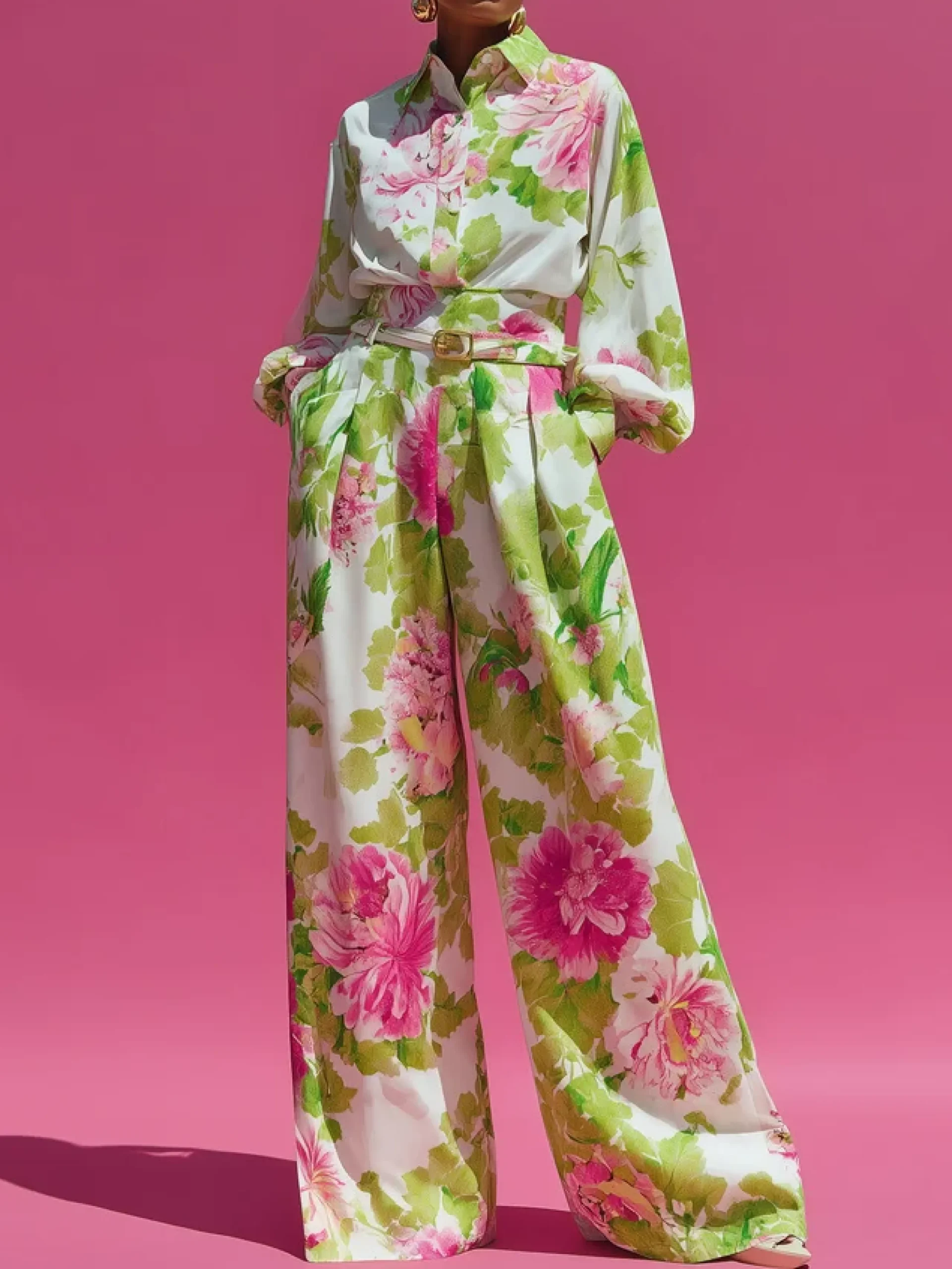 Plus Size Urban Floral Pocket Stitching Wide Leg Pants No Belt