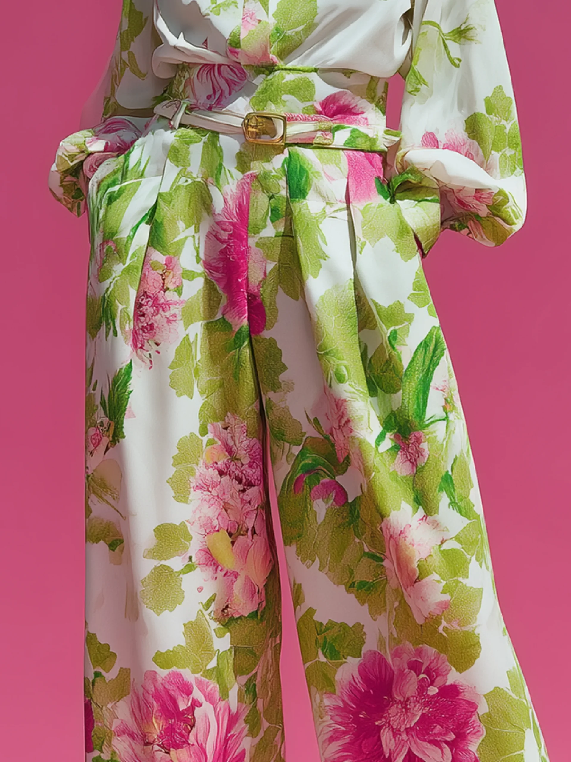 Plus Size Urban Floral Pocket Stitching Wide Leg Pants No Belt