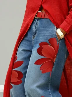 Plus Size Zipper Denim Casual Floral Jeans With No Belt