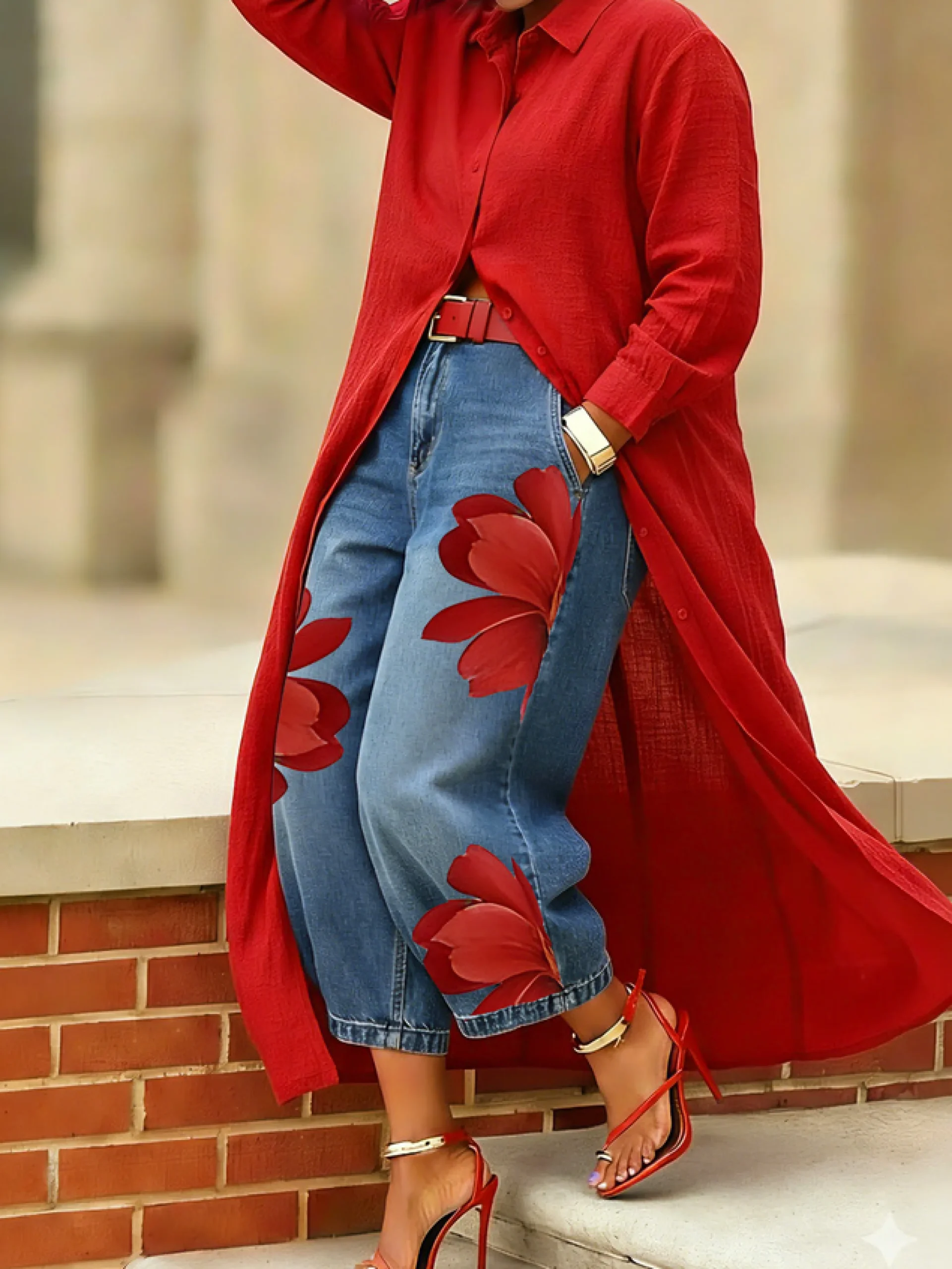 Plus Size Zipper Denim Casual Floral Jeans With No Belt
