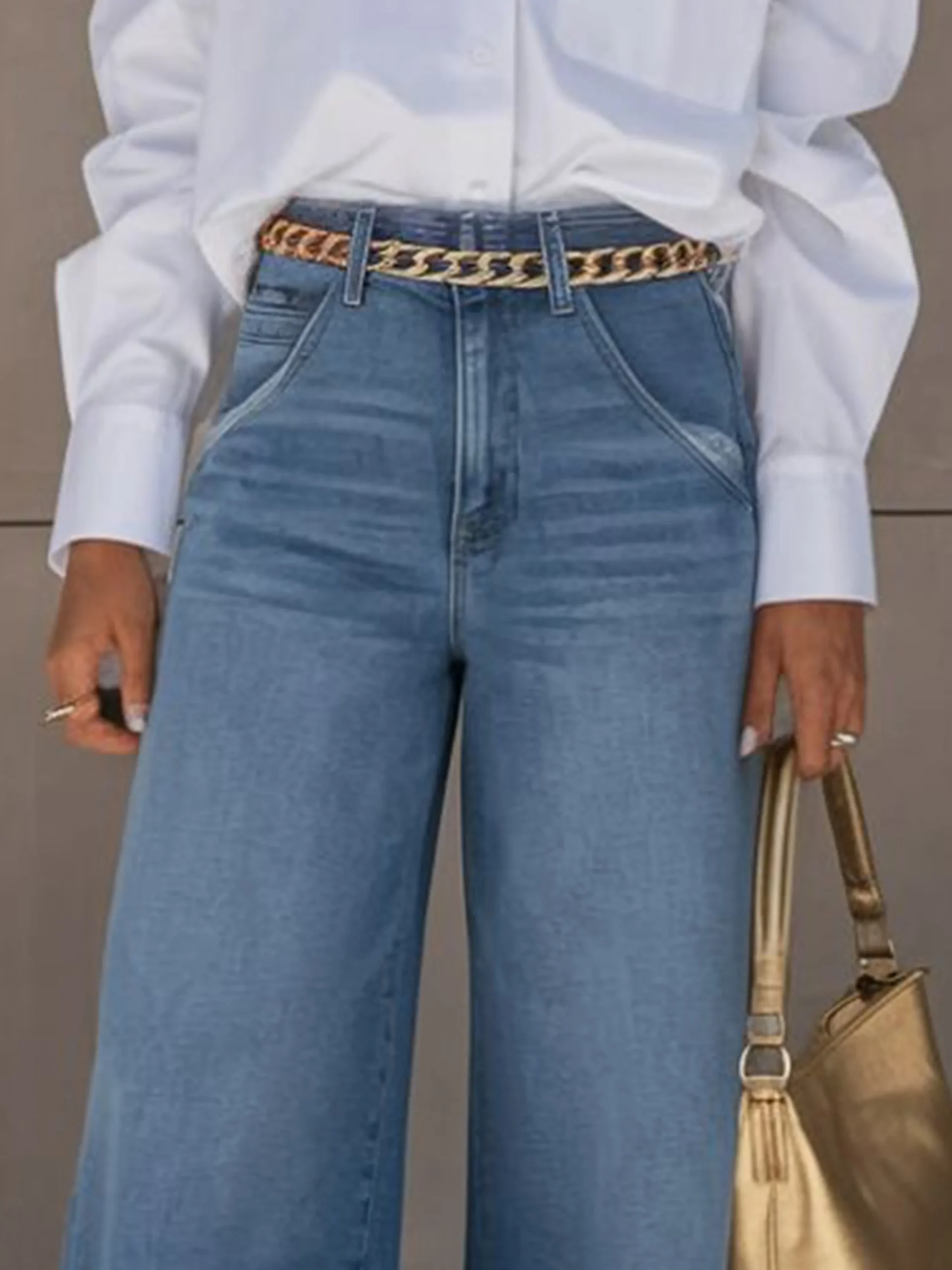 Pockets Casual Loose Jeans With No Belt