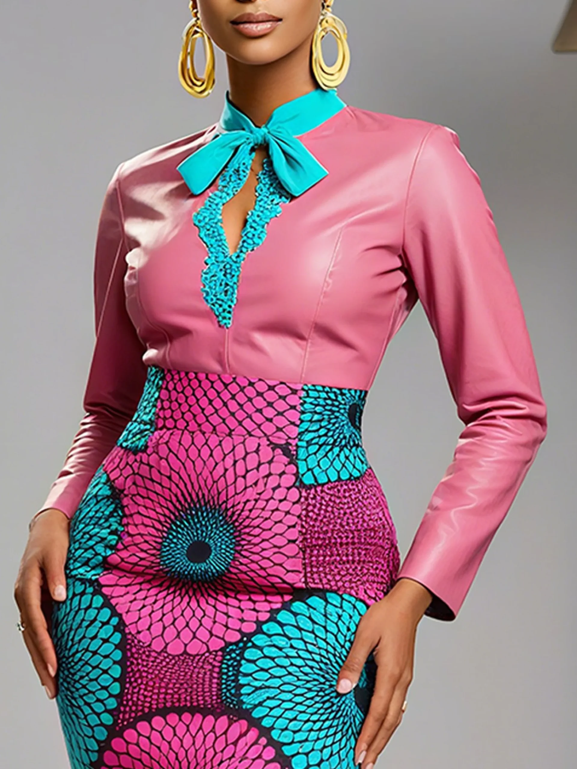 PU Elegant Color Block Split Joint Stand Collar Faux Leather Top